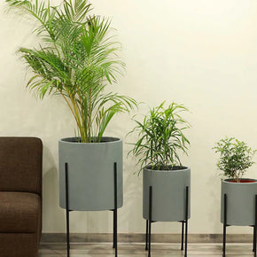 Cylindrical Shaped Large Set of 3 Grey Fiber Glass Floor Planter
