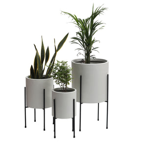 Cylindrical Shaped Large Set of 3 White Fiber Glass Floor Planter,