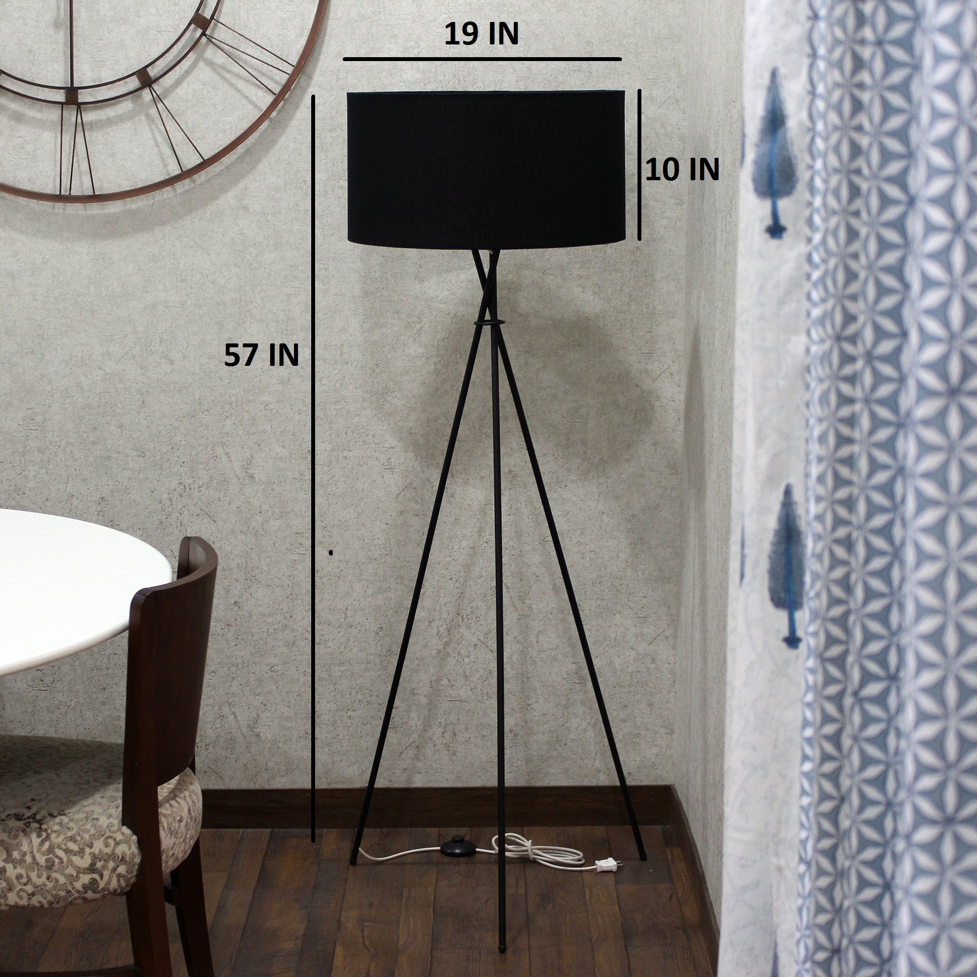 Craftter Metal Floor Lamp with Stand for Living Room, Bedroom, Home Office Decoration- 1 Lamp Shade Handloom Fabric, 19 inch Diameter, Black (Base, Holder, Wire, On/Off Foot Switch)