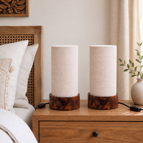 Craftter Beige Cylinder Table Lamp for Living Room | Bedside Night Lamp with Wooden Base & Fabric Shade | Home & Office Décor Lighting (Pack of 2)