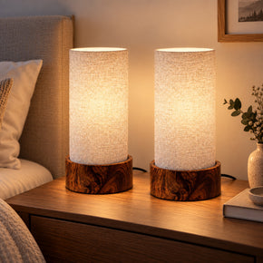 Craftter Grey Cylinder Table Lamp for Living Room | Bedside Night Lamp with Wooden Base & Fabric Shade | Home & Office Décor Lighting ( Pack of 2 )
