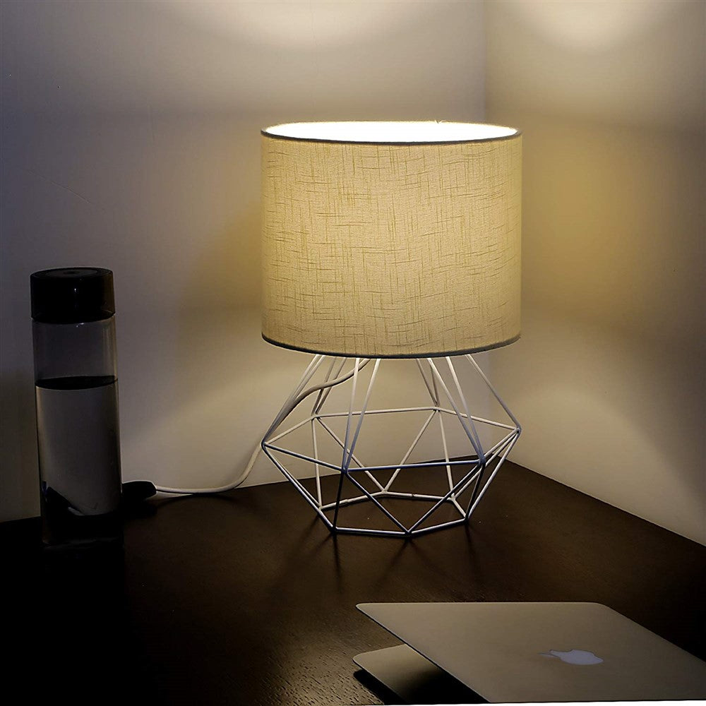 Craftter Textured Off White Fabric Shade White Diamond Metal Base Decorative Night Bedside Small Table Lamp