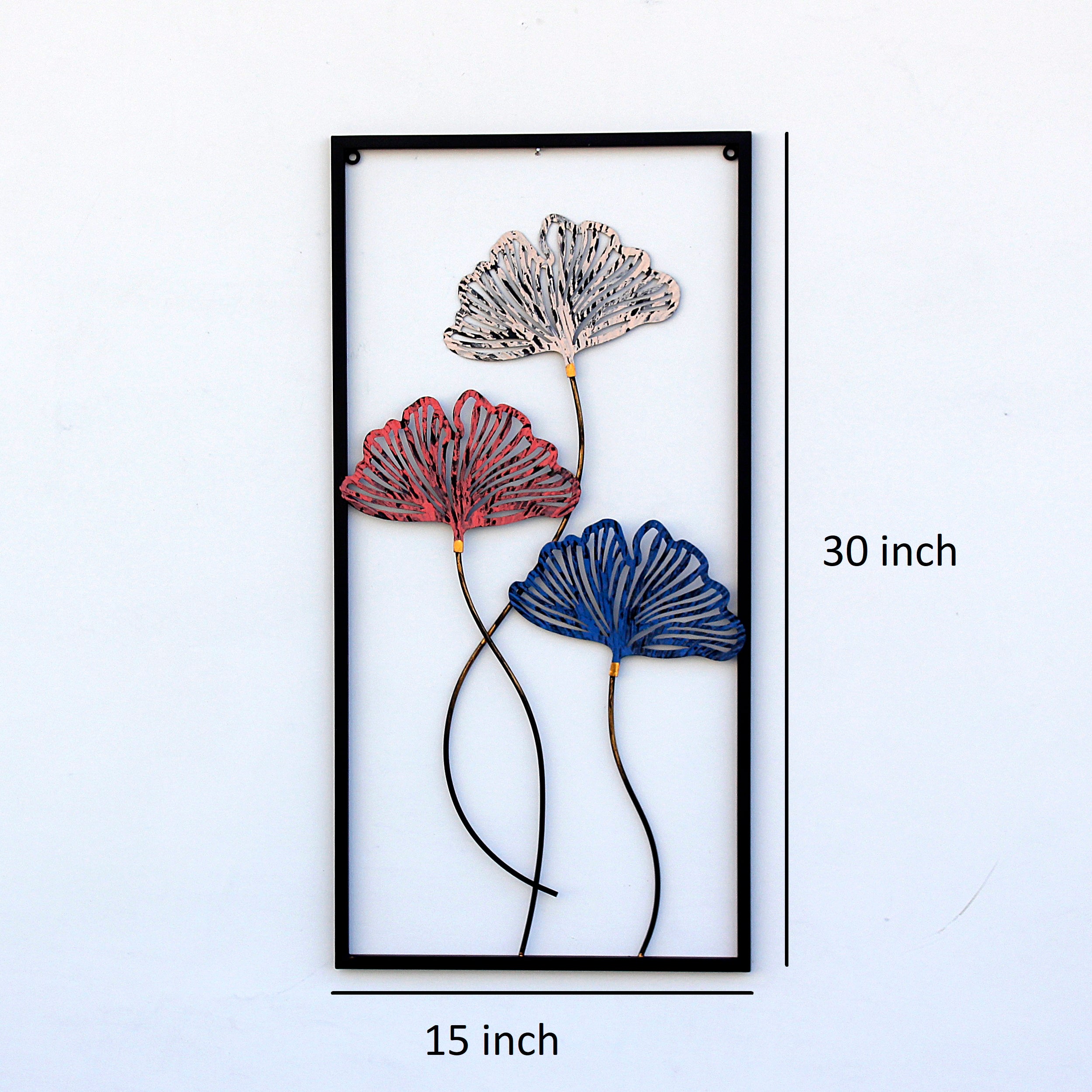 Gold Blue Iron Wall Sculptures Large Set of 3 Rectanglar Metal Wall Decor with Ginkgo Biloba Art Great