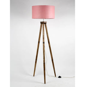 Craftter New Plain Drum Shape Beautiful Baby Pink Color Fabric Shade Wooden Tripod Handmade Floor Lamp