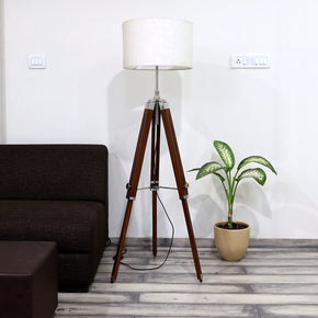Craftter Wooden Large Floor Lamp with Tripod Stand for Home Office Decor- Adjustable Height Night Lamp, Electric Wired Led lamp, 16 inch Diameter, Grey Drum Shade, Pack of 1 (Holder, On/Off Foot Switch)